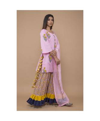 Pink Cotton Kurta Sharara with Dupatta in Floral Print 2