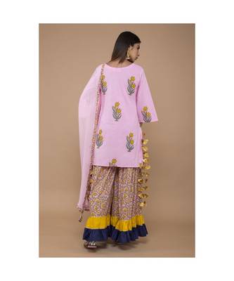Pink Cotton Kurta Sharara with Dupatta in Floral Print 3