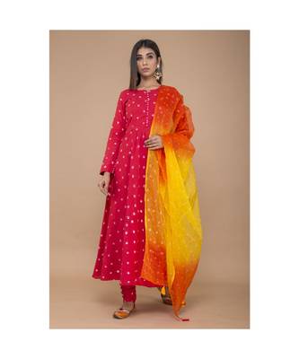 Red Anarkali Bandhej Suit with churidar and Dupatta 1