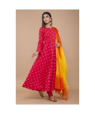 Red Anarkali Bandhej Suit with churidar and Dupatta 2