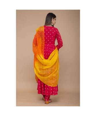 Red Anarkali Bandhej Suit with churidar and Dupatta 3