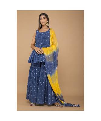 Blue Peplum Style Bandhej Sharara set 1