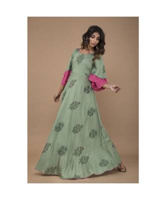 Green Floral Printed long Dress 1