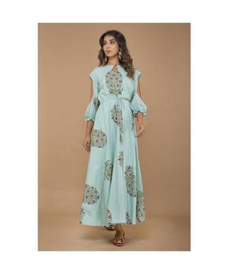 Sea Blue cold Shoulder Long Dress 1