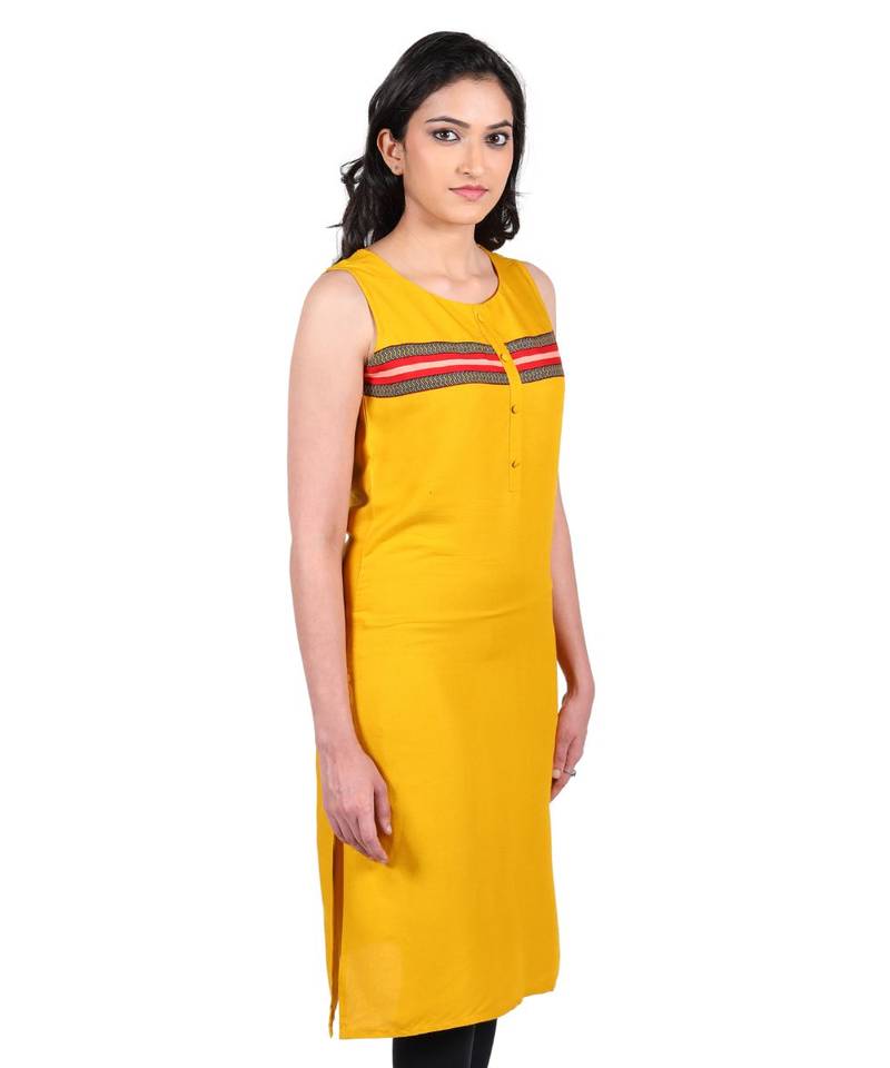 Mustard printed rayon stitched kurti