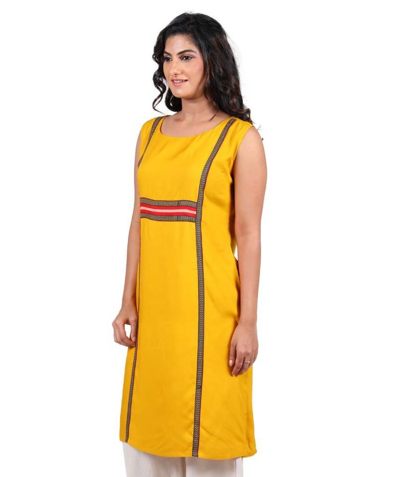 Mustard printed rayon stitched kurti