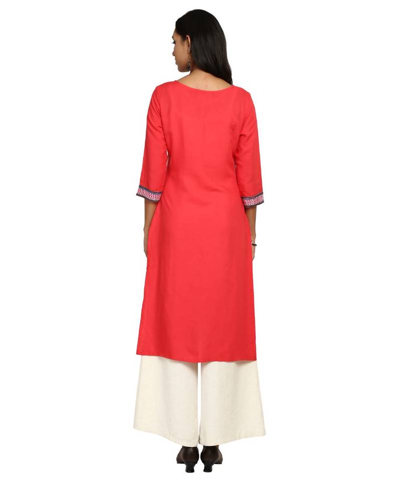 Red printed rayon stitched kurti