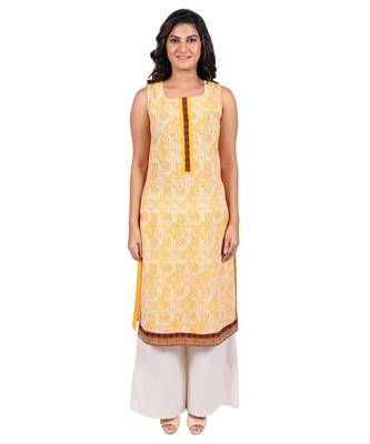 Mustard printed rayon stitched kurti 1