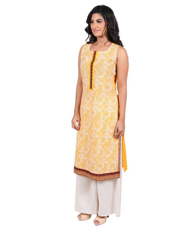 Mustard printed rayon stitched kurti