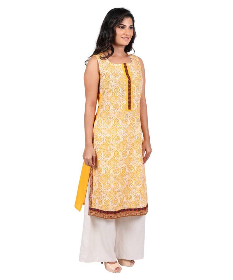 Mustard printed rayon stitched kurti