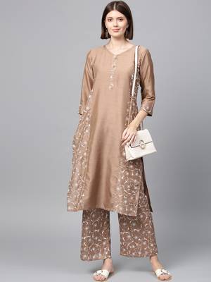 Women's Mashroom Khadi Print Straight Polysilk Kurta Palazzo Set 1