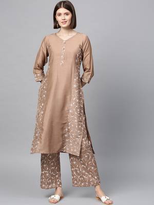 Women's Mashroom Khadi Print Straight Polysilk Kurta Palazzo Set 2
