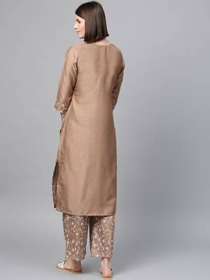 Women's Mashroom Khadi Print Straight Polysilk Kurta Palazzo Set 3