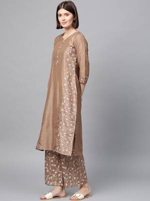 Women's Mashroom Khadi Print Straight Polysilk Kurta Palazzo Set 4