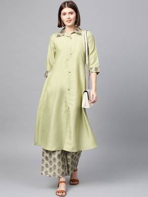 Women's Pista Green Digital Flared Polysilk Kurta Palazzo Set 1