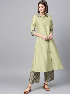 Women's Pista Green Digital Flared Polysilk Kurta Palazzo Set 2