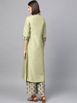 Women's Pista Green Digital Flared Polysilk Kurta Palazzo Set 3