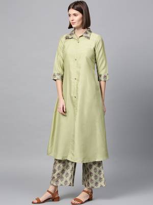 Women's Pista Green Digital Flared Polysilk Kurta Palazzo Set 4