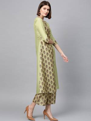 Women's Pista Green Digital Flared Polysilk Kurta Palazzo Set 4
