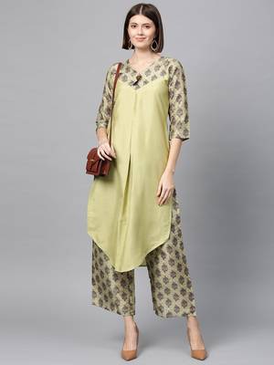 Women's Pista Green Digital Straight Polysilk Kurta Palazzo Set 2