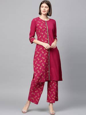 Women's Dark Pink Gold Print Straight Crepe Kurta Palazzo Set 1