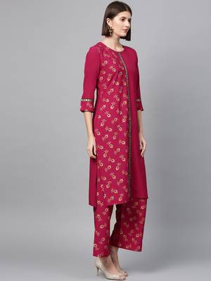 Women's Dark Pink Gold Print Straight Crepe Kurta Palazzo Set 2