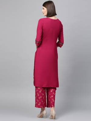 Women's Dark Pink Gold Print Straight Crepe Kurta Palazzo Set 3