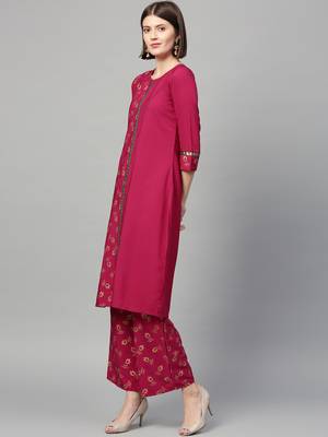 Women's Dark Pink Gold Print Straight Crepe Kurta Palazzo Set 4