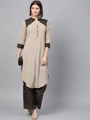 Women's Nude Gold Print Straight Crepe Kurta Palazzo Set 1