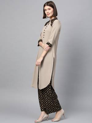 Women's Nude Gold Print Straight Crepe Kurta Palazzo Set 4