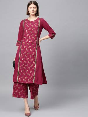 Women's Dark Pink Gold Print Straight Crepe Kurta Palazzo Set 1