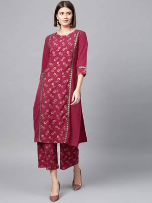 Women's Dark Pink Gold Print Straight Crepe Kurta Palazzo Set 2
