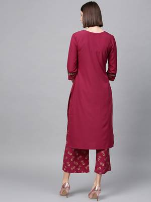 Women's Dark Pink Gold Print Straight Crepe Kurta Palazzo Set 3