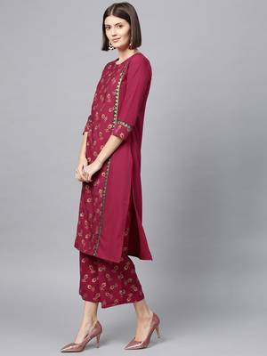 Women's Dark Pink Gold Print Straight Crepe Kurta Palazzo Set 4