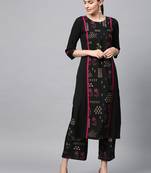 Women's Black Gold Print and Khadi Print Straight Crepe Kurta Palazzo Set