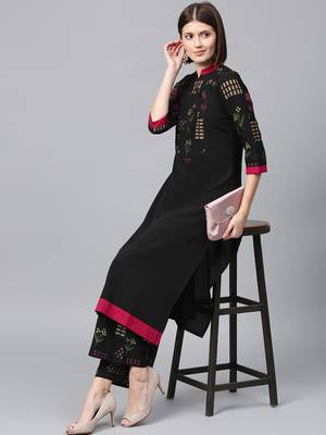Women's Black Gold Print and Khadi Print Straight Crepe Kurta Palazzo Set 1