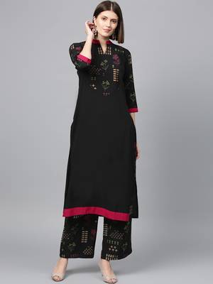 Women's Black Gold Print and Khadi Print Straight Crepe Kurta Palazzo Set 2