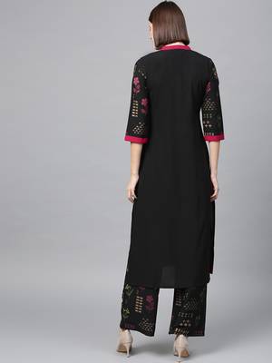 Women's Black Gold Print and Khadi Print Straight Crepe Kurta Palazzo Set 3