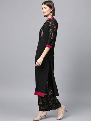 Women's Black Gold Print and Khadi Print Straight Crepe Kurta Palazzo Set 4