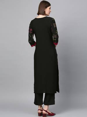 Women's Black Gold Print and Khadi Print Straight Crepe Kurta Palazzo Set 3