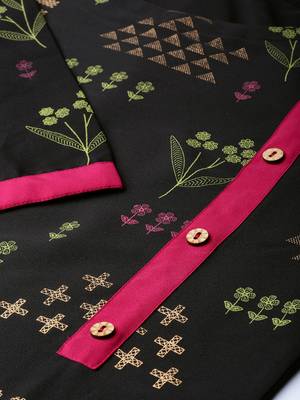 Women's Black Gold Print and Khadi Print Straight Crepe Kurta Palazzo Set 5