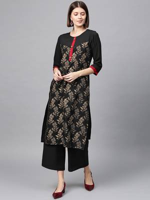 Women's Black gold print Straight Crepe Kurta Palazzo Set 2