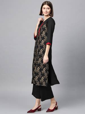 Women's Black gold print Straight Crepe Kurta Palazzo Set 4