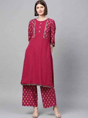 Women's Dark Pink Gold Print Straight Crepe Kurta Palazzo Set 1