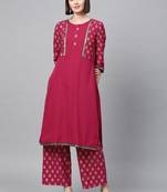 Women's Dark Pink Gold Print Straight Crepe Kurta Palazzo Set