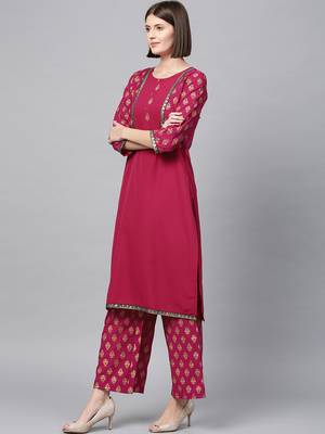 Women's Dark Pink Gold Print Straight Crepe Kurta Palazzo Set 2