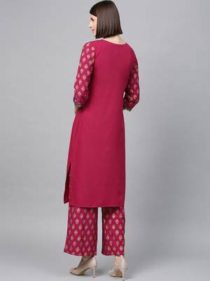 Women's Dark Pink Gold Print Straight Crepe Kurta Palazzo Set 3
