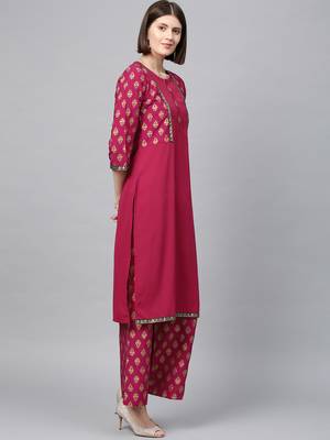 Women's Dark Pink Gold Print Straight Crepe Kurta Palazzo Set 4