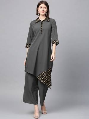 Women's Dark Grey gold print Straight Crepe Kurta Palazzo Set 1