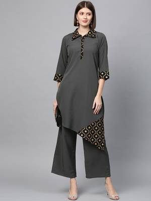 Women's Dark Grey gold print Straight Crepe Kurta Palazzo Set 2